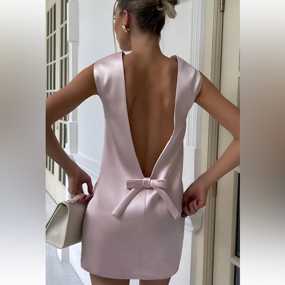 NEW NWT Satin Backless Bow Detail Short Dress Pink Purple Old Money Commense S